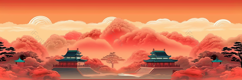 国潮风远山建筑风尚背景,插画/手绘图,插画/手绘图库,插画/手绘图下载,插画/手绘